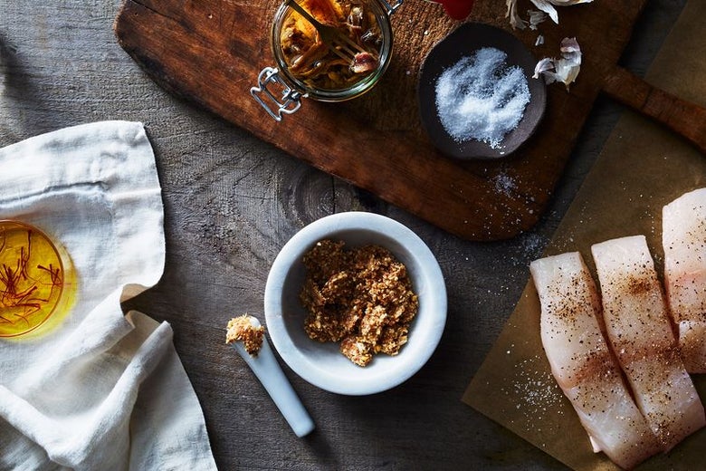 Anchovies, garlic, and nuts crushed together into a paste.